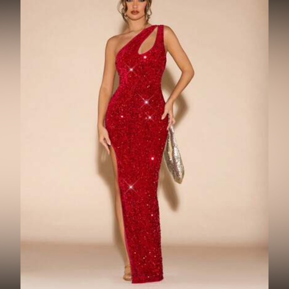 Elegant Red Sequins One Shoulder Slit Thigh Party Dress